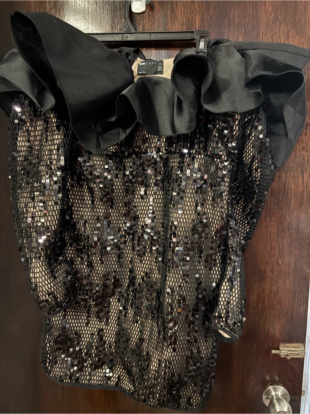 NWT ASOS Black Sequin Mini Dress with Dramatic Ruffle Neckline. Size 14.